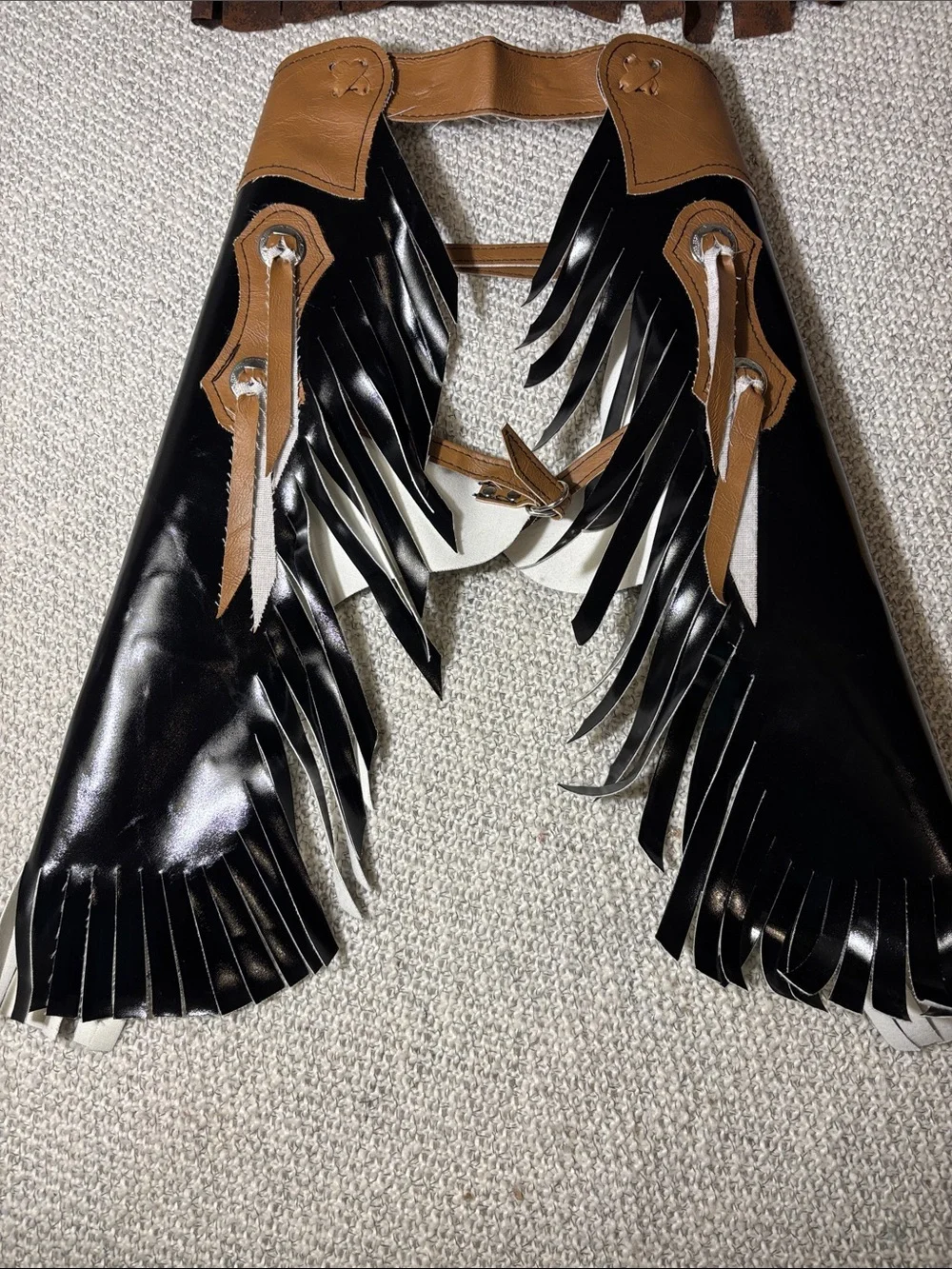 Kids Black & Tan Chaps and Brown Western Fringe Vest Costume Set